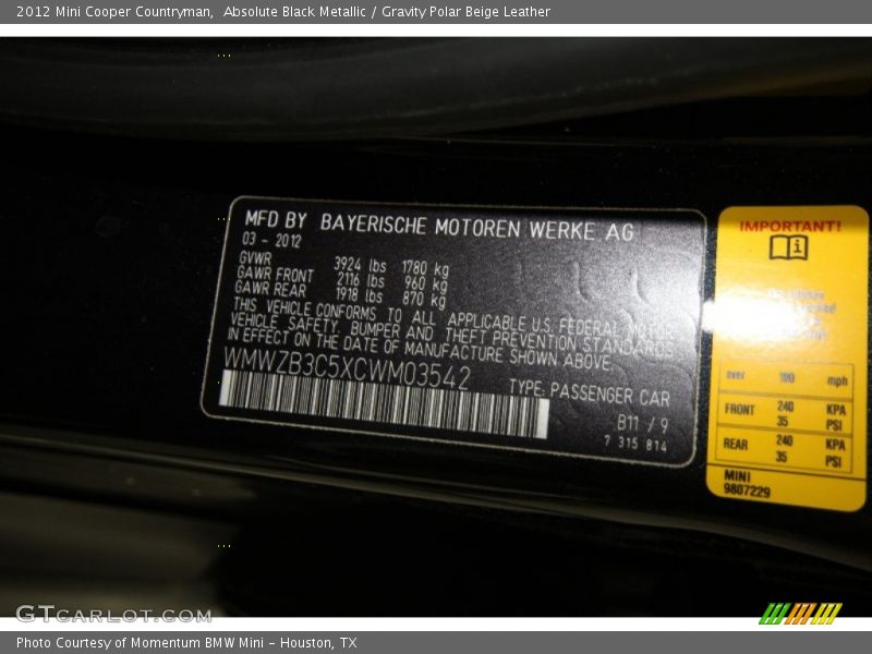 Absolute Black Metallic / Gravity Polar Beige Leather 2012 Mini Cooper Countryman