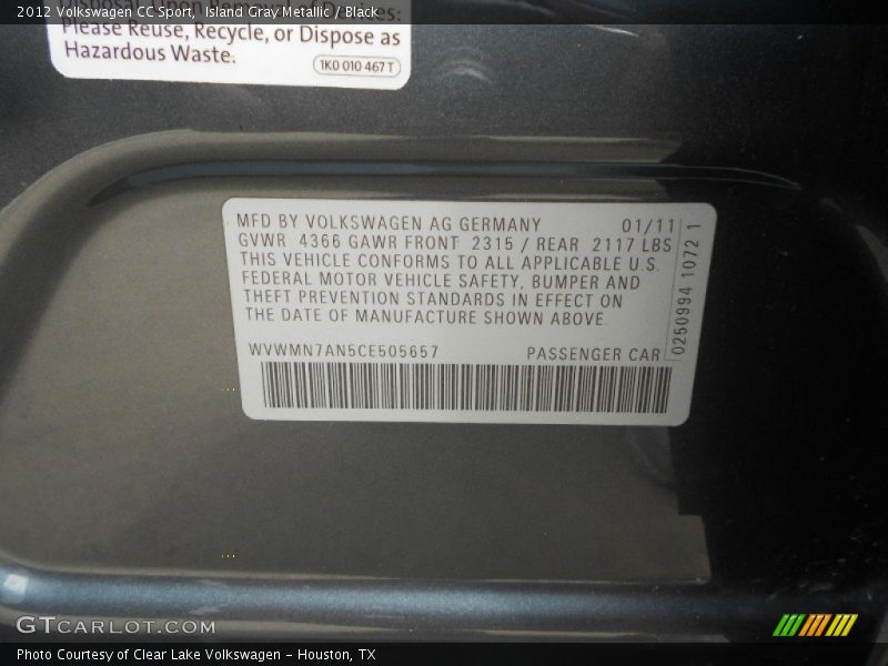 Island Gray Metallic / Black 2012 Volkswagen CC Sport