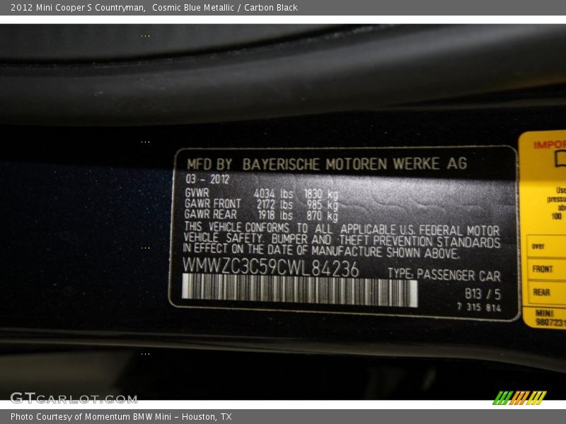 Cosmic Blue Metallic / Carbon Black 2012 Mini Cooper S Countryman