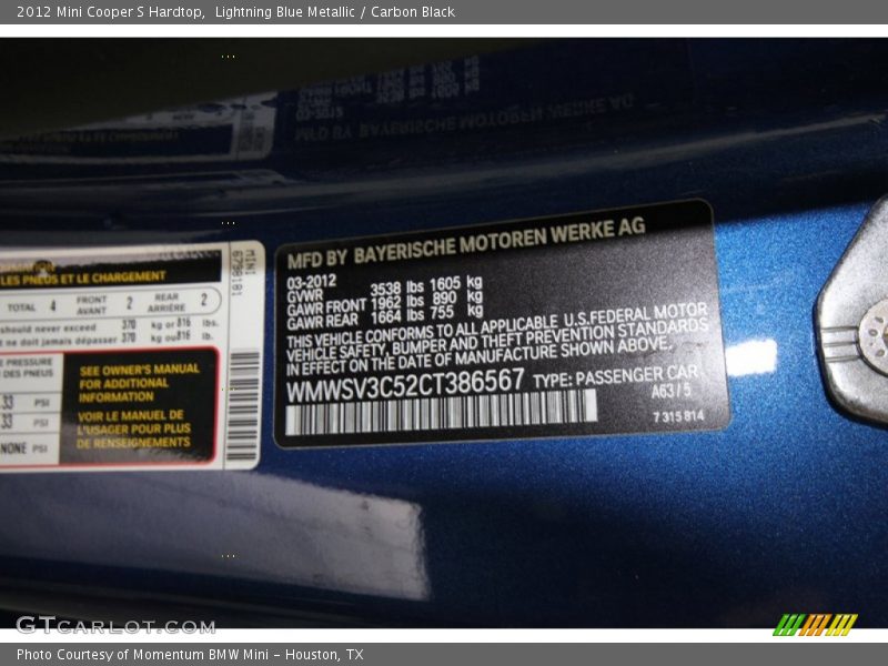 Lightning Blue Metallic / Carbon Black 2012 Mini Cooper S Hardtop
