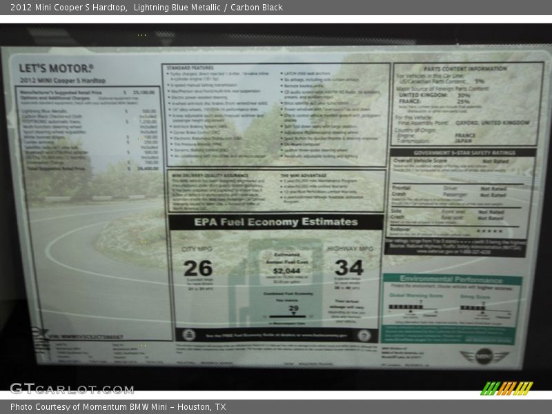 Lightning Blue Metallic / Carbon Black 2012 Mini Cooper S Hardtop