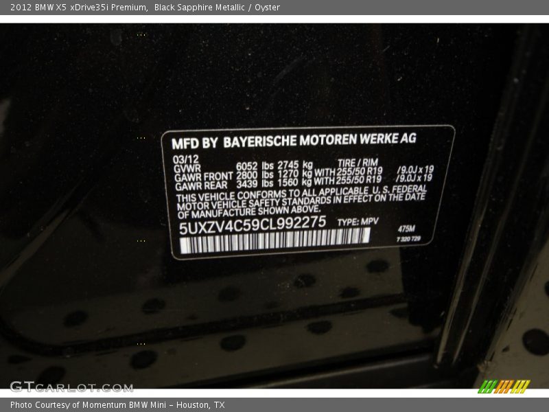 Black Sapphire Metallic / Oyster 2012 BMW X5 xDrive35i Premium