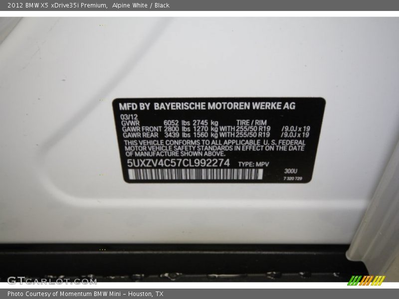 Alpine White / Black 2012 BMW X5 xDrive35i Premium