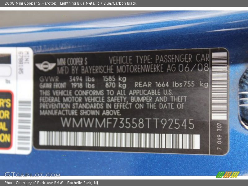 Lightning Blue Metallic / Blue/Carbon Black 2008 Mini Cooper S Hardtop