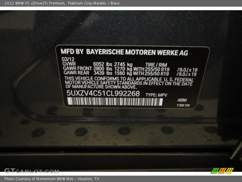 Platinum Gray Metallic / Black 2012 BMW X5 xDrive35i Premium