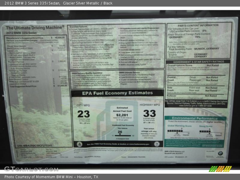  2012 3 Series 335i Sedan Window Sticker