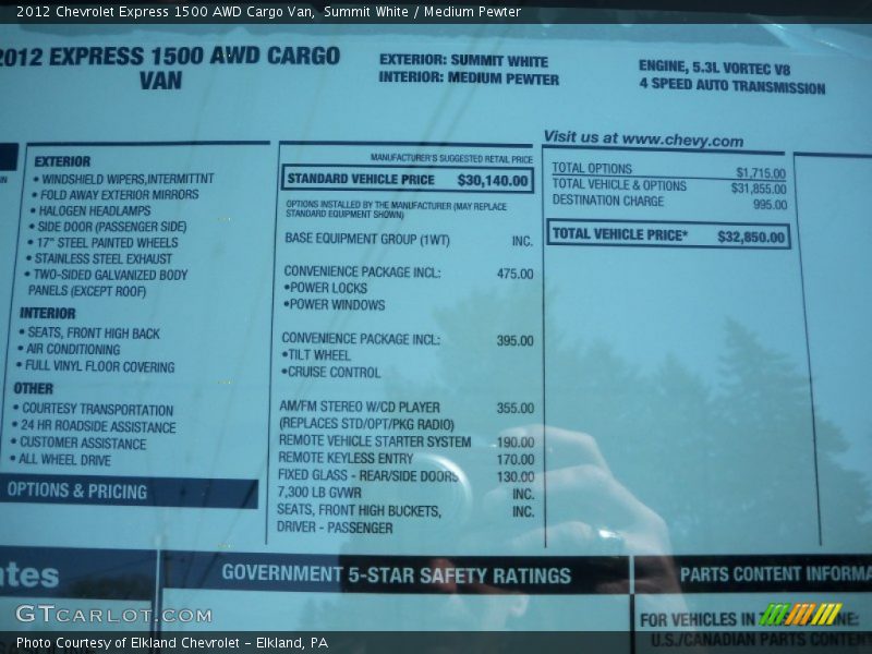  2012 Express 1500 AWD Cargo Van Window Sticker