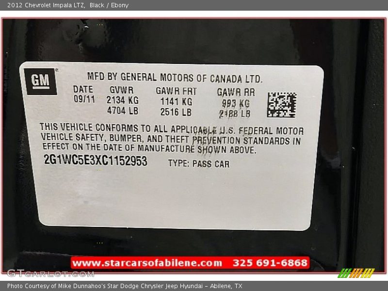 Black / Ebony 2012 Chevrolet Impala LTZ