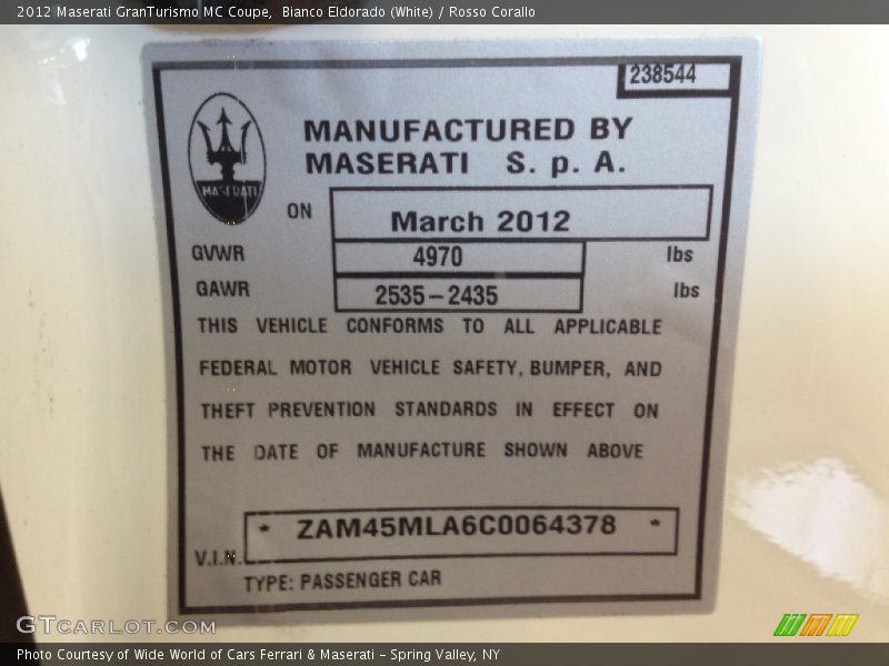 Info Tag of 2012 GranTurismo MC Coupe