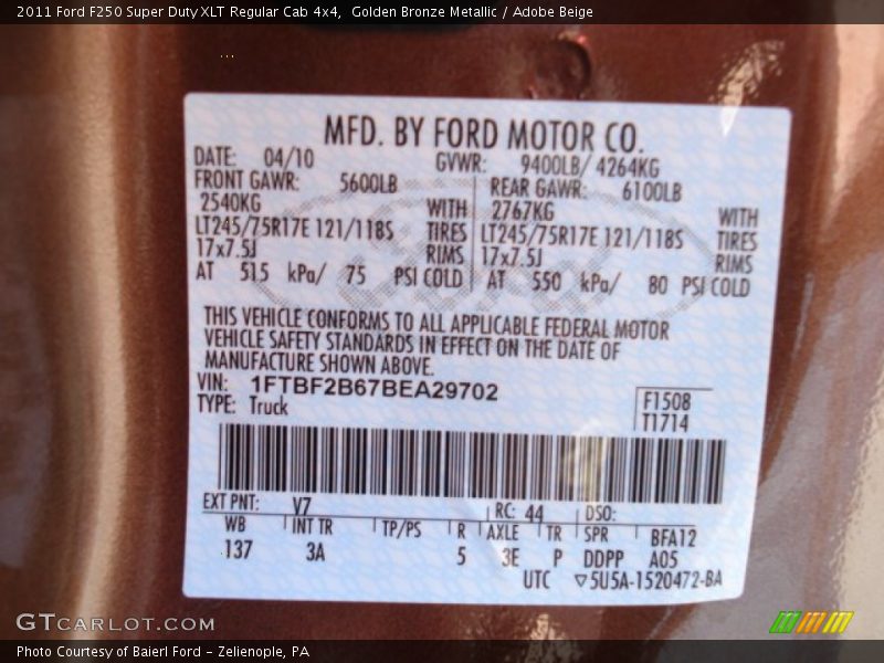 Golden Bronze Metallic / Adobe Beige 2011 Ford F250 Super Duty XLT Regular Cab 4x4