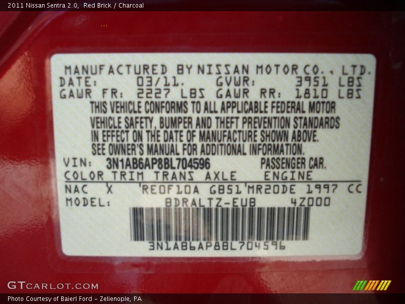 Red Brick / Charcoal 2011 Nissan Sentra 2.0