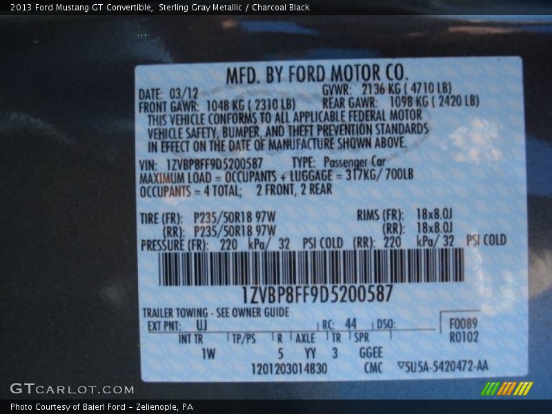 2013 Mustang GT Convertible Sterling Gray Metallic Color Code UJ