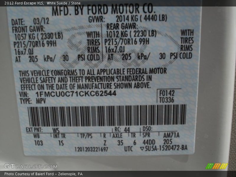 White Suede / Stone 2012 Ford Escape XLS