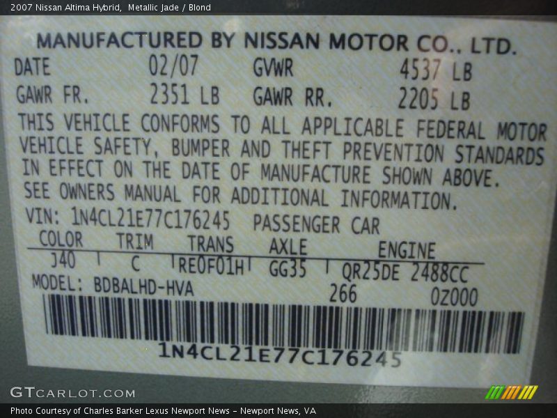 Metallic Jade / Blond 2007 Nissan Altima Hybrid