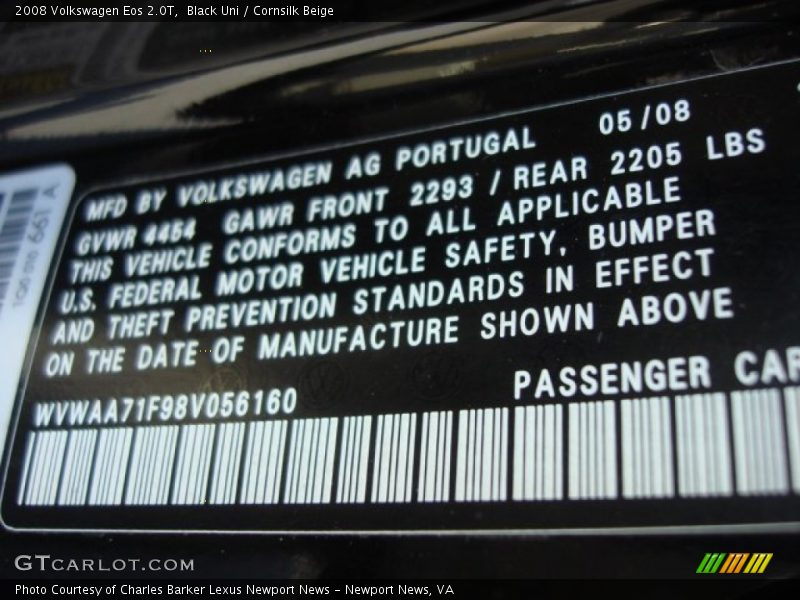 Black Uni / Cornsilk Beige 2008 Volkswagen Eos 2.0T