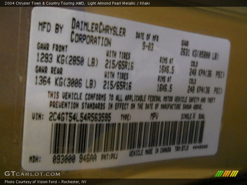 2004 Town & Country Touring AWD Light Almond Pearl Metallic Color Code PKJ