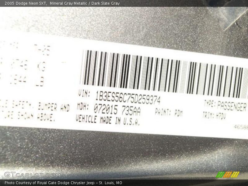 2005 Neon SXT Mineral Gray Metallic Color Code PDM