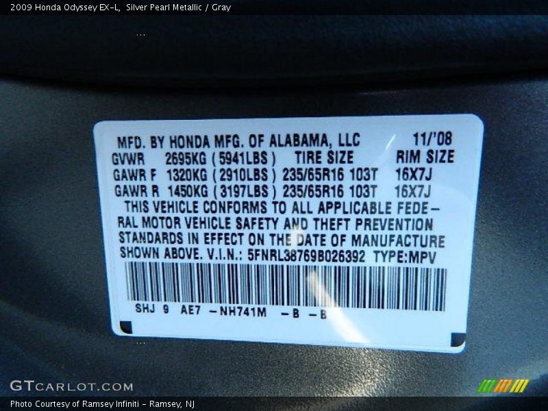 Silver Pearl Metallic / Gray 2009 Honda Odyssey EX-L