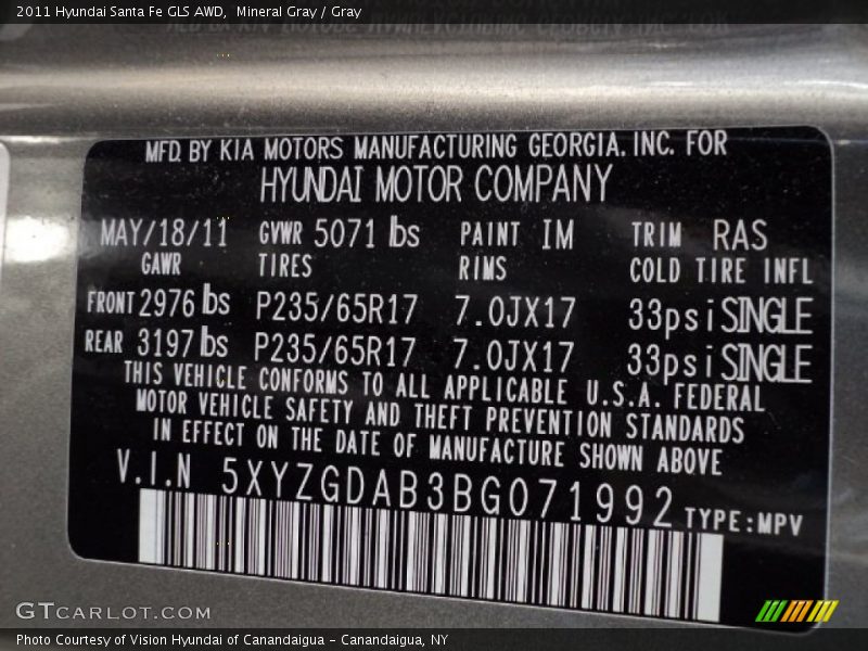 Mineral Gray / Gray 2011 Hyundai Santa Fe GLS AWD