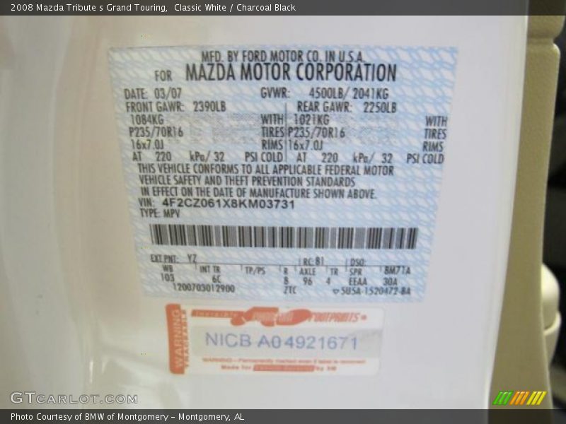 Classic White / Charcoal Black 2008 Mazda Tribute s Grand Touring
