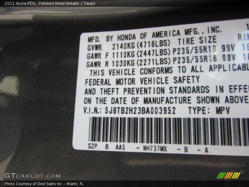 2011 RDX  Polished Metal Metallic Color Code NH737MX