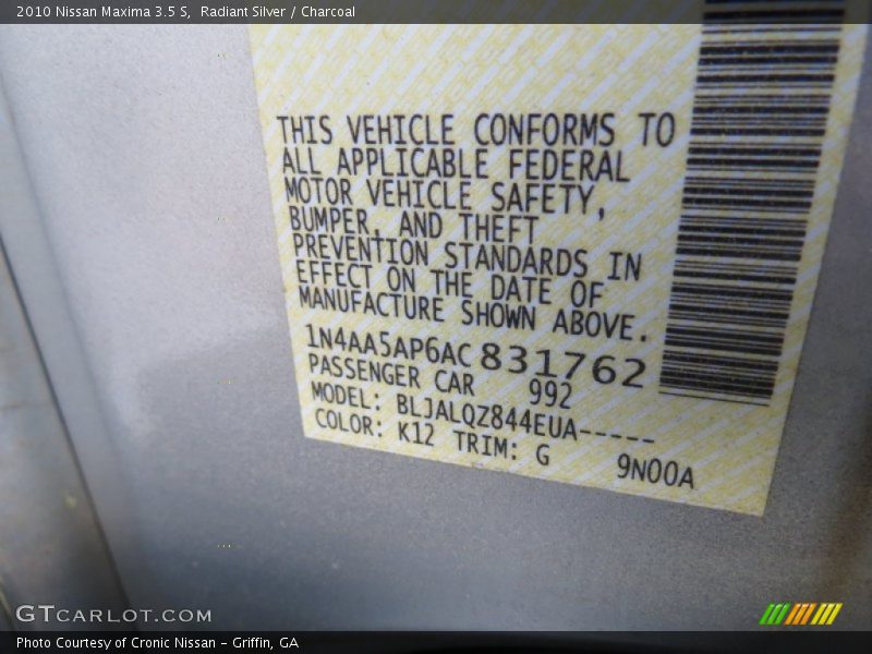 Radiant Silver / Charcoal 2010 Nissan Maxima 3.5 S