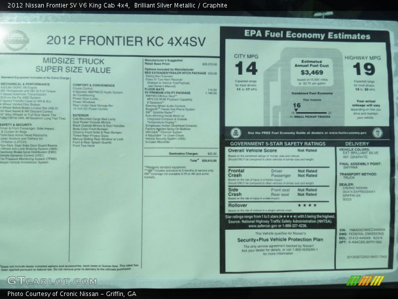  2012 Frontier SV V6 King Cab 4x4 Window Sticker