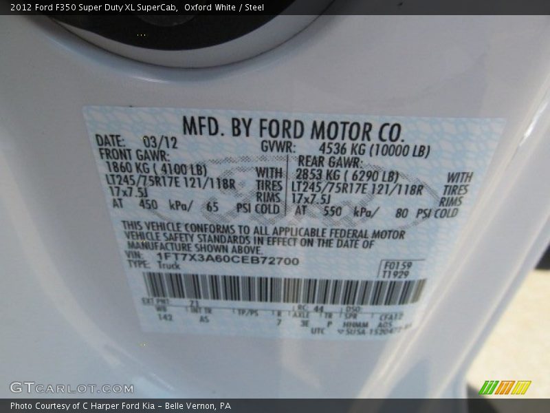 2012 F350 Super Duty XL SuperCab Oxford White Color Code Z1