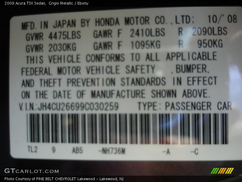 Grigio Metallic / Ebony 2009 Acura TSX Sedan