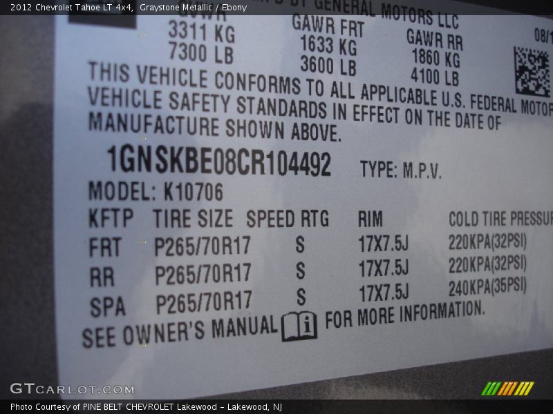 Graystone Metallic / Ebony 2012 Chevrolet Tahoe LT 4x4