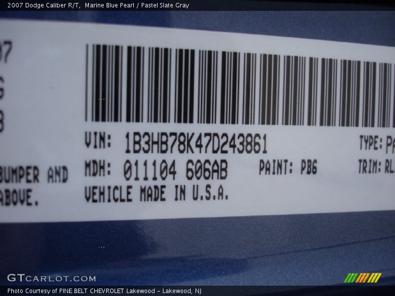 Marine Blue Pearl / Pastel Slate Gray 2007 Dodge Caliber R/T