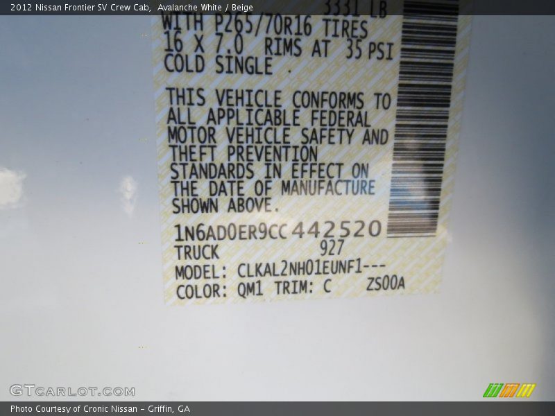 2012 Frontier SV Crew Cab Avalanche White Color Code QM1