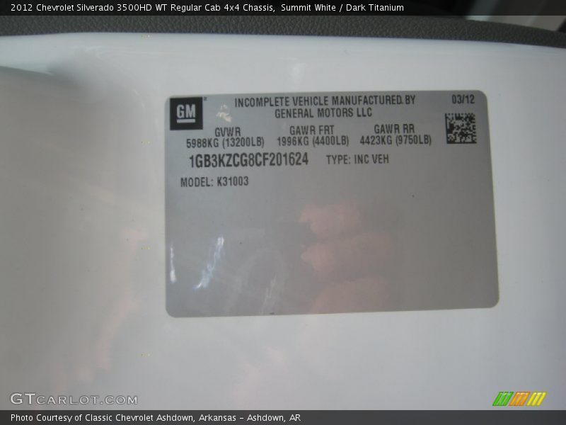 Summit White / Dark Titanium 2012 Chevrolet Silverado 3500HD WT Regular Cab 4x4 Chassis