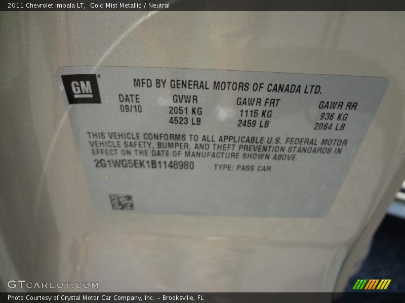 Gold Mist Metallic / Neutral 2011 Chevrolet Impala LT