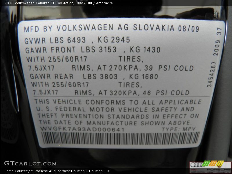 Black Uni / Anthracite 2010 Volkswagen Touareg TDI 4XMotion