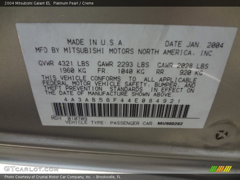Platinum Pearl / Creme 2004 Mitsubishi Galant ES