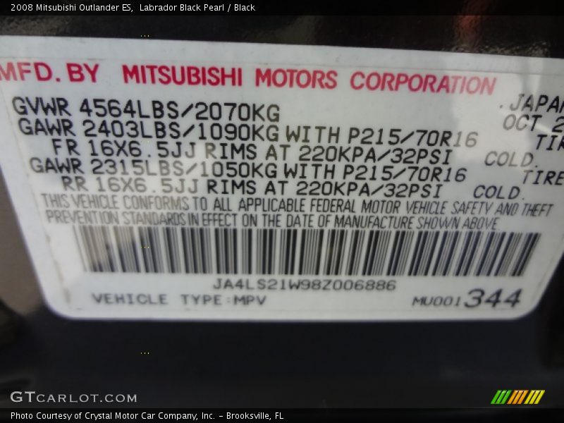 Labrador Black Pearl / Black 2008 Mitsubishi Outlander ES