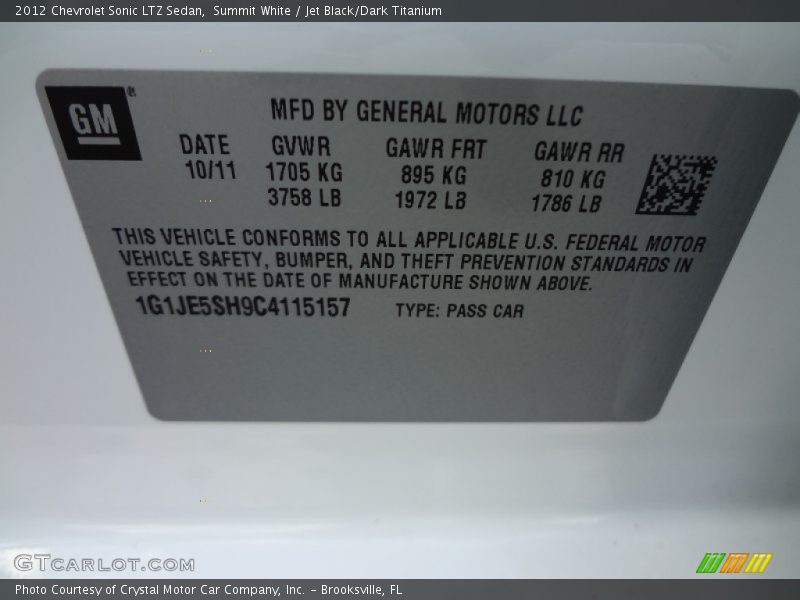 Summit White / Jet Black/Dark Titanium 2012 Chevrolet Sonic LTZ Sedan