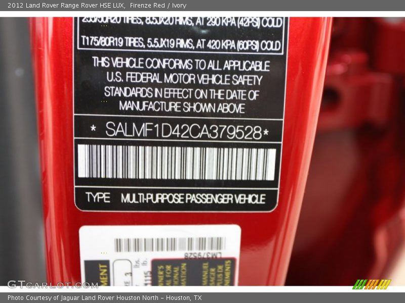 Info Tag of 2012 Range Rover HSE LUX