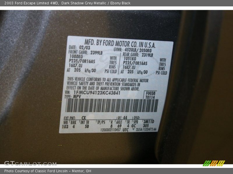 2003 Escape Limited 4WD Dark Shadow Grey Metallic Color Code CX