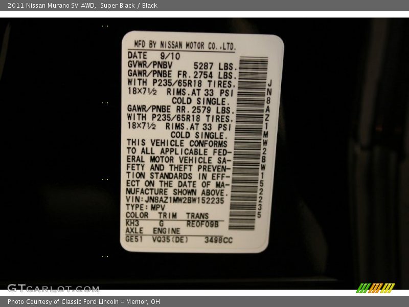 Super Black / Black 2011 Nissan Murano SV AWD