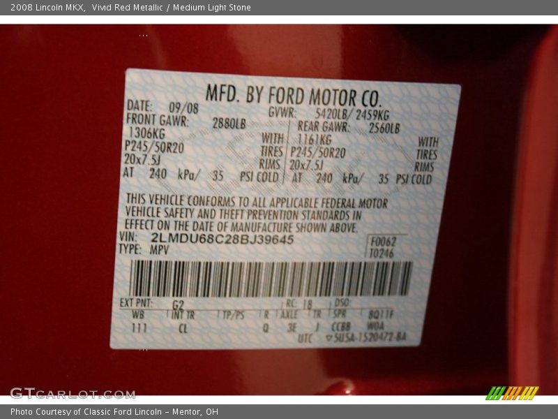 Vivid Red Metallic / Medium Light Stone 2008 Lincoln MKX