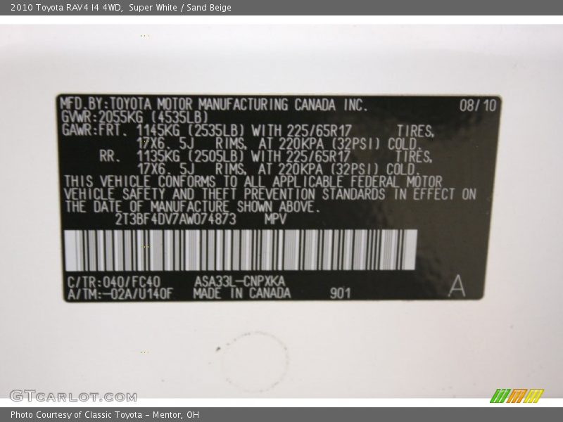 Super White / Sand Beige 2010 Toyota RAV4 I4 4WD