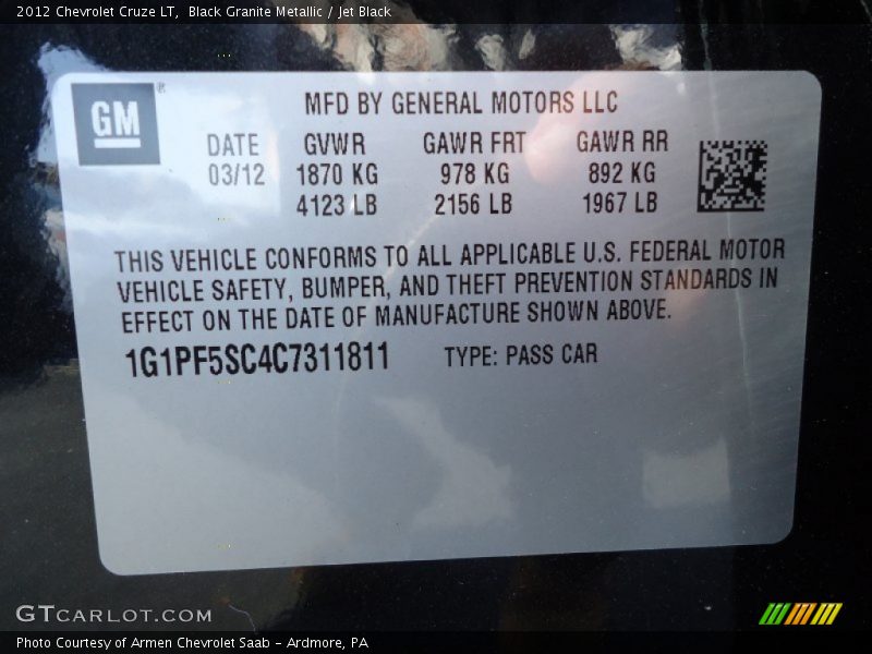 Black Granite Metallic / Jet Black 2012 Chevrolet Cruze LT
