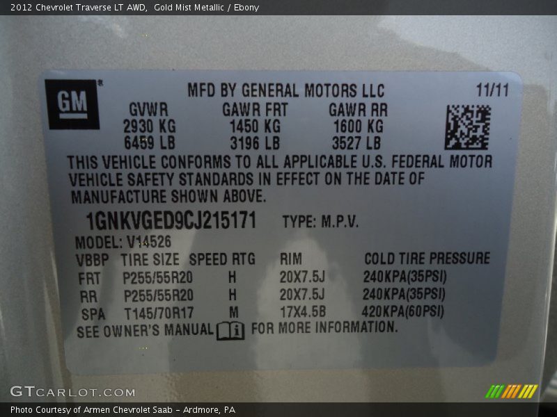 Gold Mist Metallic / Ebony 2012 Chevrolet Traverse LT AWD