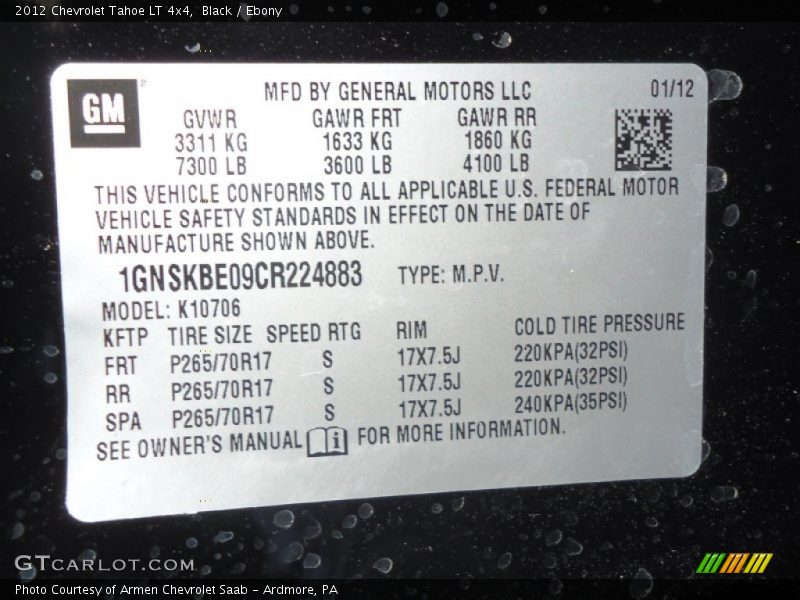 Black / Ebony 2012 Chevrolet Tahoe LT 4x4