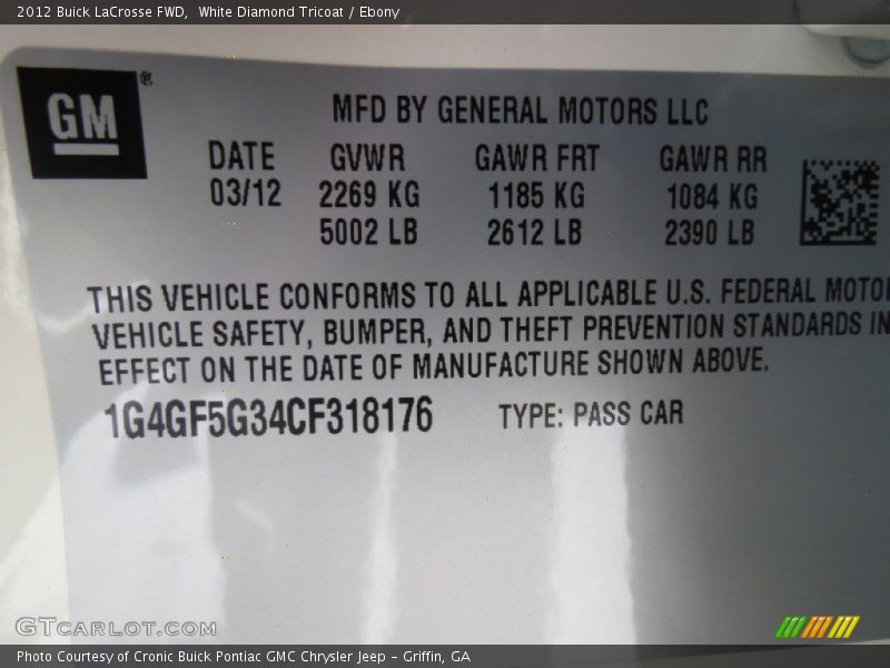 White Diamond Tricoat / Ebony 2012 Buick LaCrosse FWD