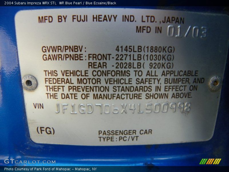 WR Blue Pearl / Blue Ecsaine/Black 2004 Subaru Impreza WRX STi