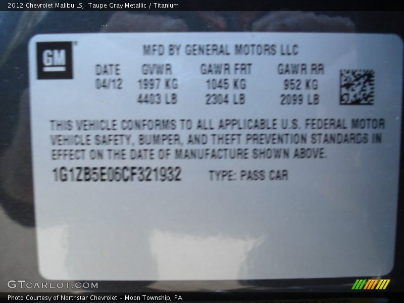 Taupe Gray Metallic / Titanium 2012 Chevrolet Malibu LS