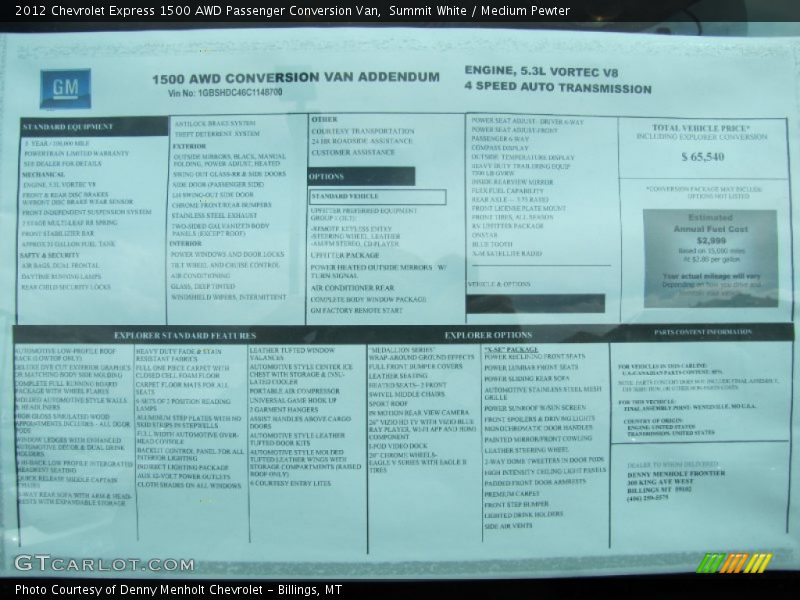  2012 Express 1500 AWD Passenger Conversion Van Window Sticker